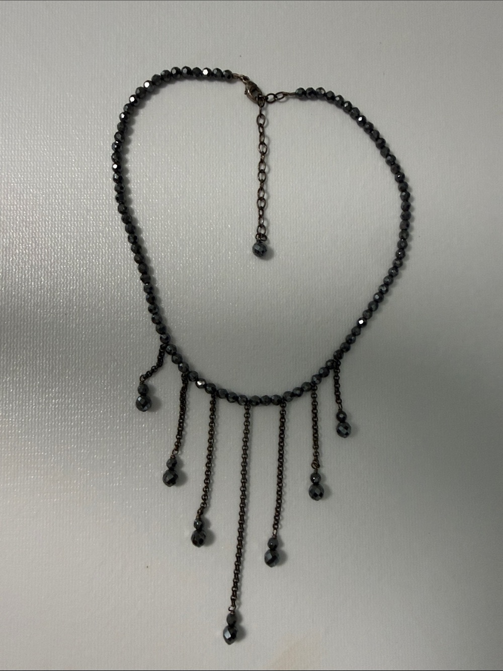 Gunmetal Beaded Fringe Necklace - Sparkling Drop Detail